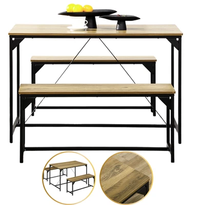 Modern Dining Set for 4 with Table and 2 Benches Kitchen Home Furniture-120cm - Image 1 of 4