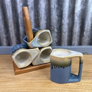 Vintage Rodolfo Padilla Coffee Mugs Set Of 4 with Wood Stand Drip Glaze Pottery - Picture 1 of 10