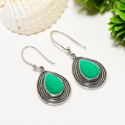 Pendiente de plata de ley 925 maciza con piedras preciosas esmeralda simulada joyería boho V1879 Foto 1 de 4