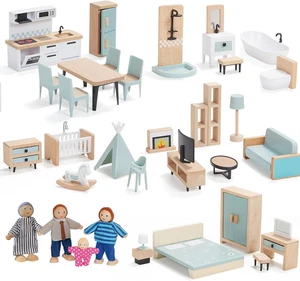 36Pcs Wooden Dollhouse Furniture Set 5 Rooms 4 Family Dolls, Wood and Plastic Bl - Picture 1 of 12