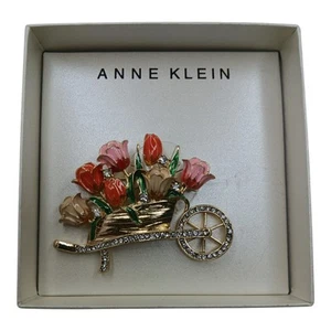 Anne Klein Articulated Flower Cart Brooch Gold-Tone with Enamel & Crystals  - Picture 1 of 7