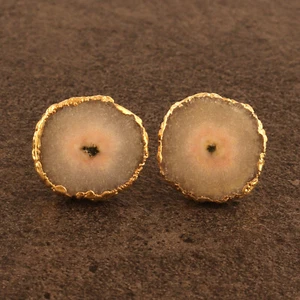 Charms Pair Real Solar Quartz Yellow Gold Electroplated Handmade Stud Earrings - Picture 1 of 3