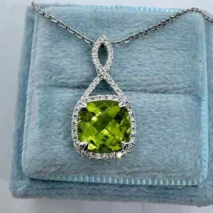 2Ct Cushion Cut Lab Created Peridot Halo Pendant 14K White Gold Plated Silver - Picture 1 of 9