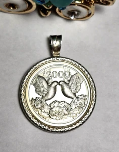 .999 Silver 10g Coin "Entering New Millennium" PENDANT Doves Peace Love - Picture 1 of 11