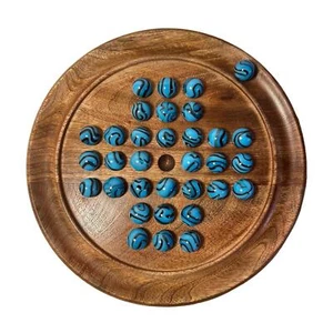 22cm Diameter wooden SOLITAIRE BOARD GAME with BLUE BRONTOAURUS GLASS MARBLES - Picture 1 of 7