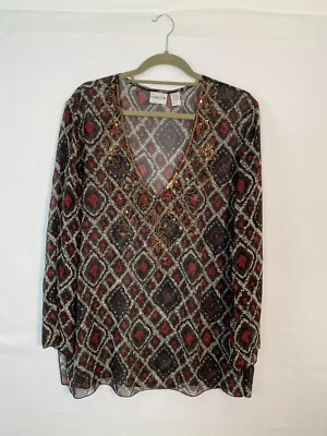 Blusa transparente Chico's Gauzy Twee seda bordada con cuentas de squin talla 2 Foto 1 de 4