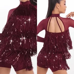 Weissman dance costume burgundy red fringe long sleeve Bad Boy Good Man 13016 LC - Picture 1 of 9
