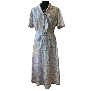 Vintage 70s FC IV B Floral Polyester Midi Dress With Pussycat Bow, Size 10 - Bild 1 von 9
