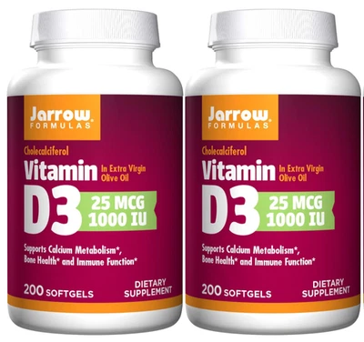 Jarrow Formulas® Vitamina D3, 25 mcg, 1000 UI, 200 Cápsulas Blandas (paquete de 2) Foto 1 de 4