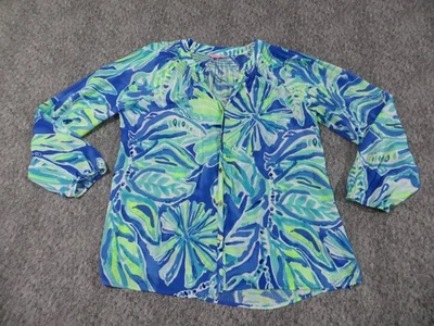 Lilly Pulitzer Elsa Button-Front Top Womens Large Long Sleeve Palm Blue - Image 1 of 4