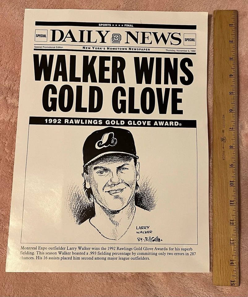 Póster ganador del guante de oro Larry Walker Montreal Expos 1992 de Bill Gallo Foto 1 de 1
