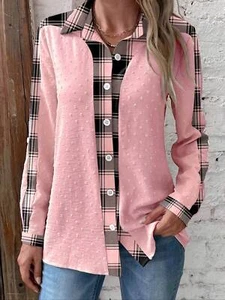 Women's Plus Size Casual Patchwork Striped Long Sleeve Shirt Collar Blouse - Picture 1 of 5