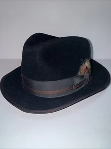 Vtg STETSON Fedora 7 5/8 Black w Feather - Picture 1 of 8