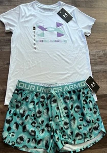 NWT Under Armour YXL Girls White/Purple/Teal/Aqua/Black Printed Shorts Set - Picture 1 of 5
