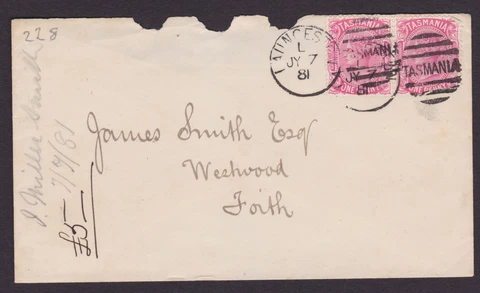 TASMANIA 1881 1d Carmine Red X2 QV ON COVER FROM LAUNCESTON (NE2C) Cover