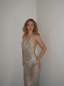 Sequin Mesh Maxi Dress, Low Backless Gown, Party Dress, Glamour, Silver/Black, - Picture 1 of 10