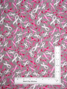Cancer Awareness Pink Ribbon Gray Fabric Patches Hope Cotton Windham 28"X44" - Picture 1 of 1
