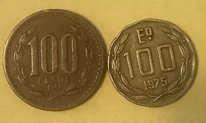 Chile 1-100 Peso 1987 Edge Letting . 1- 100 Escudo 1975 12 Sided Edge. - Picture 1 of 7