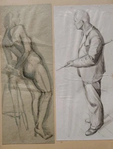 Joli Dessin Mine De Plomb Etude Nue Féminin Homme Costume Ecole Art Leicester - Foto 1 di 9