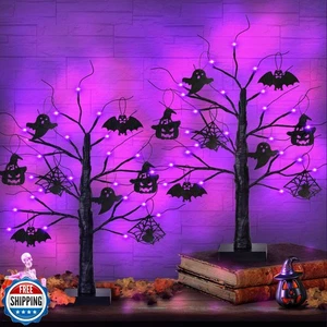 Confezione 2 Albero di Halloween 24 Pollici Nero con 24 Luci LED Viola, Timer/USB/Batt - Foto 1 di 5