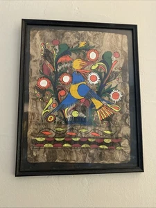 Vintage Mexican Amate Folk Art Bark Paper Bright Floral Birds Colorful Painting - Picture 1 of 14