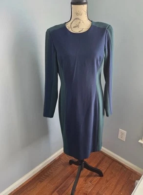 Worth New York Dress Size 10 Blue Green Wool Blend Lined Color Block Long Sleeve - Image 1 of 4