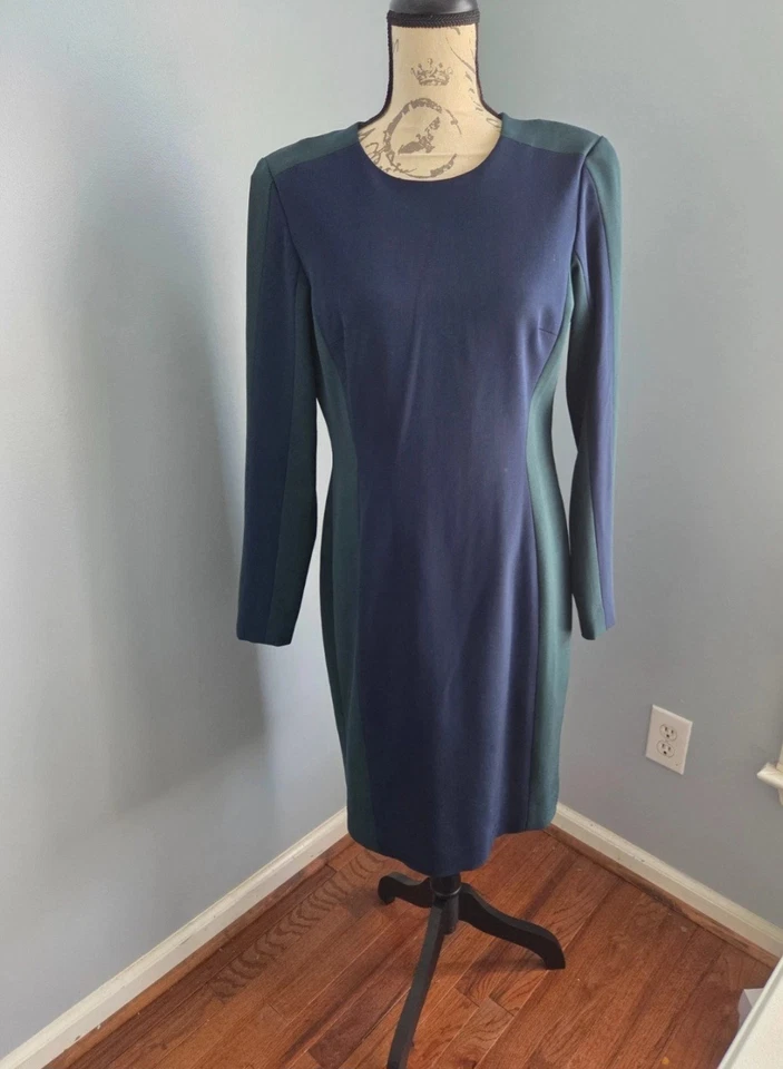 Worth New York Dress Size 10 Blue Green Wool Blend Lined Color Block Long Sleeve - Image 1 of 4