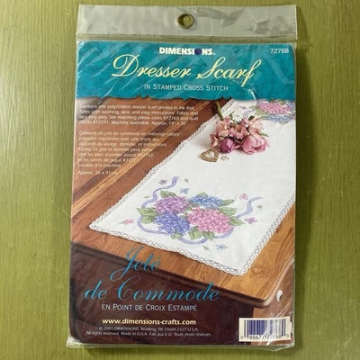 Dimensions Hydrangea & Ribbon Stamped Cross Stitch Dresser Scarf 14x36" - Image 1 of 4