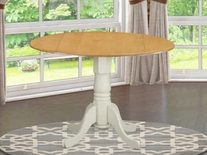 42" Round Dublin drop-leaf pedestal kitchen table light oak top linen white base - Picture 1 of 12