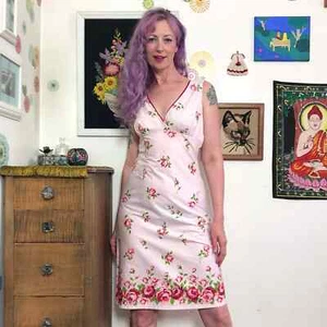 Vintage Pink Rose Print Cotton Dress, y2k Sleeveless Sheath Dress Sz S-M - Picture 1 of 11