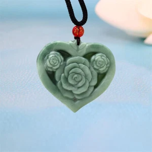 Jade Heart Pendant Natural Flower Accessories Jewelry Talismans Green Necklace - Picture 1 of 6