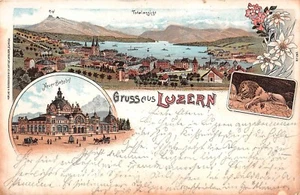 Gruss aus Schweiz Luzern Bahnhof Litho Postkarte 1898 - Bild 1 von 2
