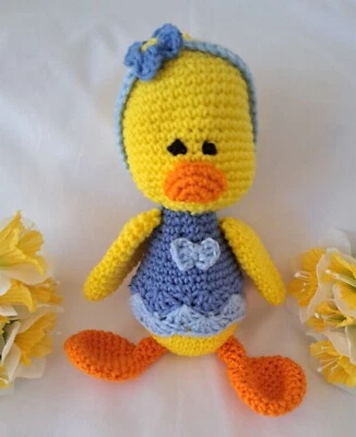 Ducky Doll Baby, ручной работы крючком девочка утка игрушка, желтый, оранжевый, синий - Изображение 1 из 4