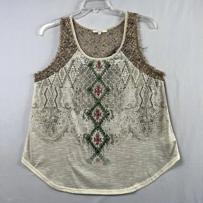 Miss Me Tank top Womens Large Sleeveless Boho Fringe Tan Southwest Artsy - Image 1 of 4