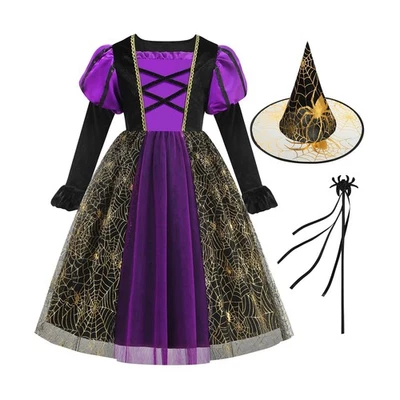 Vestido de Bruja para Niñas Araña Halloween Vestir Púrpura Mangas Abullonadas... Envío Rápido Foto 1 de 4