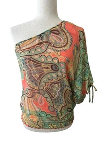 Studio Y Paisley Top Blouse Sz XS One Shoulder Colorful Bohochic Hippie Beachy - Picture 1 of 10