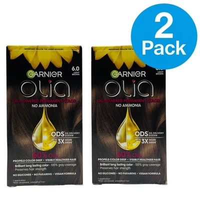 Color de cabello permanente Garnier Olia 6.0 marrón claro - Paquete de 2 - Nuevo Foto 1 de 4