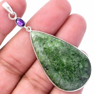 Natural Serpentine & Amethyst 925 Sterling Silver Pendant Jewelry P-1098 - Picture 1 of 5