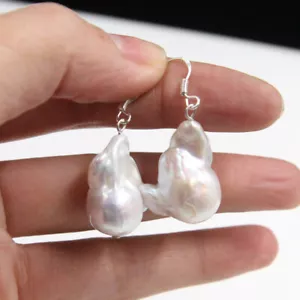22x16mm White Southsea Keshi Baroque Pearl Earrings 925 Silve hook leverback AAA - Foto 1 di 2