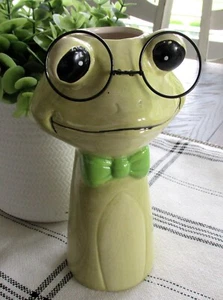 Whimsical Green FROG w/Glasses VASE/Planter*Primitive/French Country Decor - Picture 1 of 6