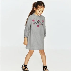 Zara Girls Houndstooth Embroidered Floral Bubble Sleeve Dress Size 10 Year - Picture 1 of 10