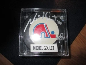 MICHEL GOULET HOF 98 Signed Retro Quebec Nordiques Puck~w/CASE - Picture 1 of 3