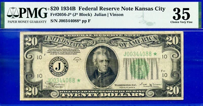 1934B $20 Federal Reserve Note PMG 35 rare 7 known Kansas City star Fr 2056-J* - Image 1 of 3