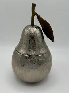 Discontinued Michael Aram Nickel Plated Pear Honey Pot Brass Leaf Brown Enamel - Bild 1 von 4