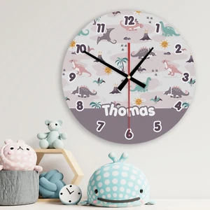 Personalised Wall Clock DINOSAUR Glass & Wooden Boys Girls Bedroom Nursery Decor - Picture 1 of 6