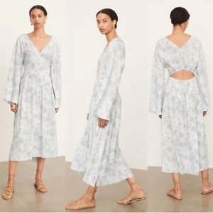 Vince Dahlia Long Sleeve Double V Neck Midi Dress Cutout Back Blue Floral Sz XL - Picture 1 of 16