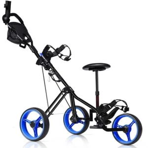 Foldable 3 Wheel Push Pull Golf Club Cart Trolley with Seat Scoreboard Bag Navy - Picture 1 of 12