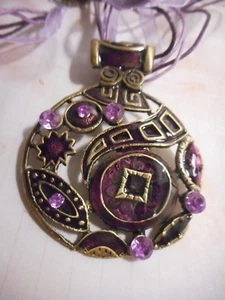 3 Different medallions on organza ribbon necklace red, purple, green you choose - Picture 1 of 6