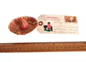 1950 Tijuana Old Mexico Postcard With Mini Straw Sombrero Souvenir Attached - Picture 1 of 7
