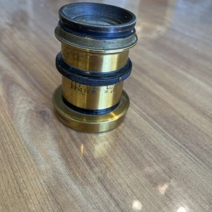 ✅ UNMARKED ANTIQUE BRASS LENS F/8 ‘210MM’ 4X5” LF CAMERA W/ APERTURE - Afbeelding 1 van 15